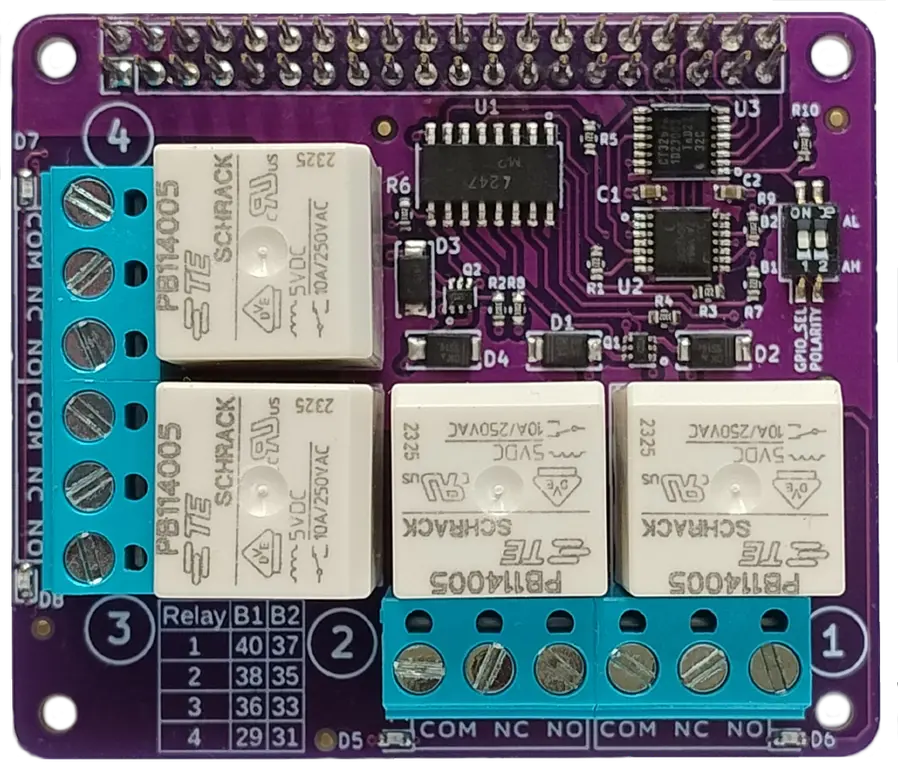 Top-down view of qRecon Raspberry Pi HAT showing 4 relays, connectors & electronics.