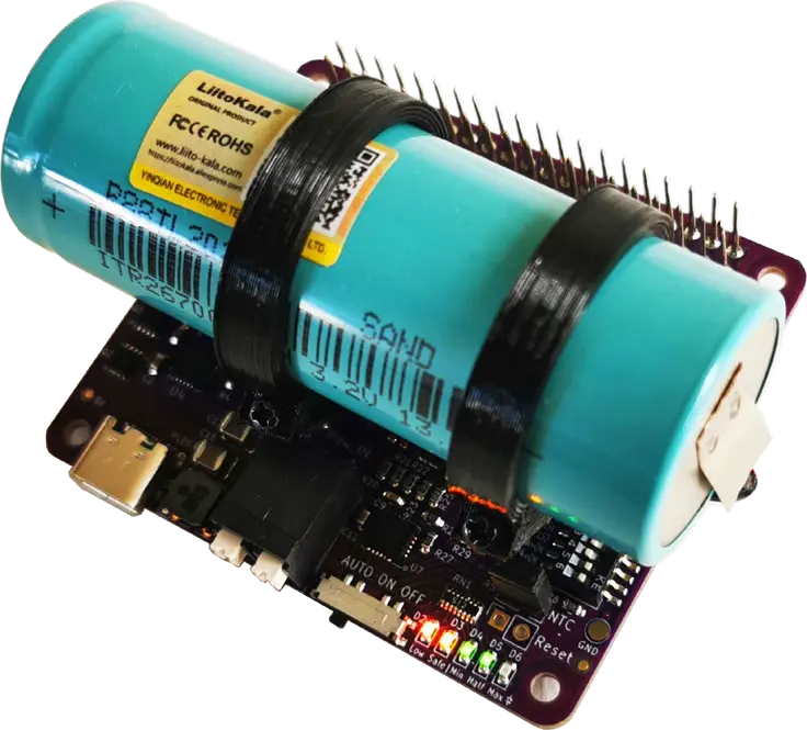 Top view of the qUPS-P-BC Raspberry Pi UPS HAT with blue LiFePo4 battery