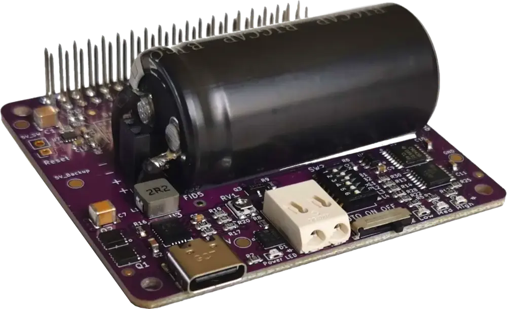 Close-up view of the qUPS-P-SC Raspberry Pi UPS HAT with a large supercapacitor